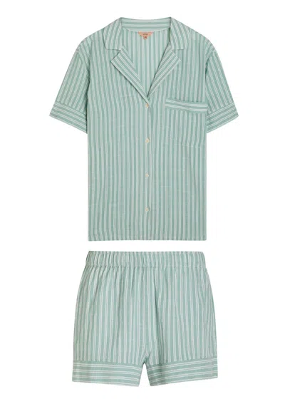 Eberjey Nautico Shortie Striped Cotton Pajamas In Green