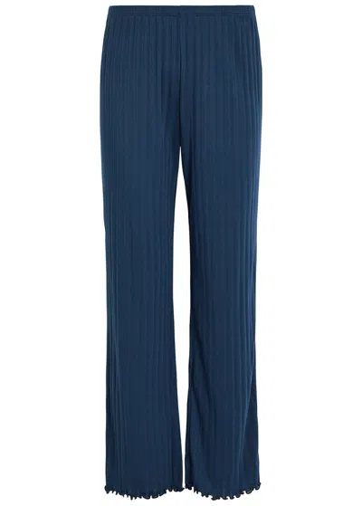Eberjey Straight-leg Pointelle-knit Trousers In Blue