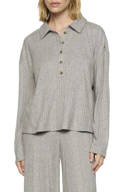 Eberjey Variegated Rib Long Sleeve Polo In Gray