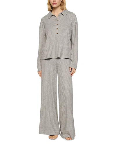 Eberjey Variegated Rib Long Sleeve Polo Top In Silver