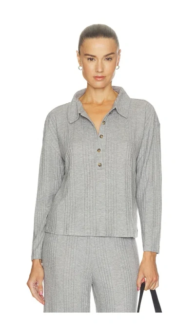 Eberjey Variegated Rib Long Sleeve Polo Top In Metallic