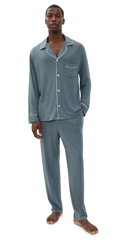 Eberjey William Long Pajama Set Stone Blue/ivory