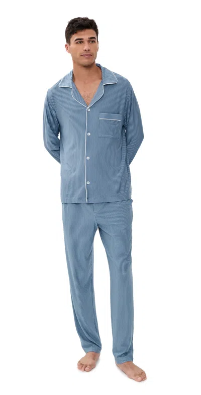 Eberjey William Modal Printed Long Pajama Set Duo Stripe Slate Blue/ivory