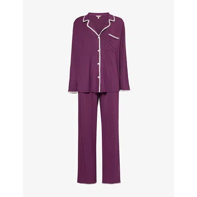 Eberjey Womens  Frida Embroidered-trim Jersey Pyjama Set In Plum/ivory