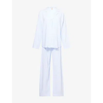 Eberjey Womens Nautico Stripe Long-sleeve Woven Pyjama Set Wht/cornflower Blue