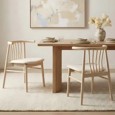 Ebern Designs Bausman Slat Back Dining Chair With Solid Wood Frame, Upholstered Side Chair For Dining Room/kitchen In Beige,natural