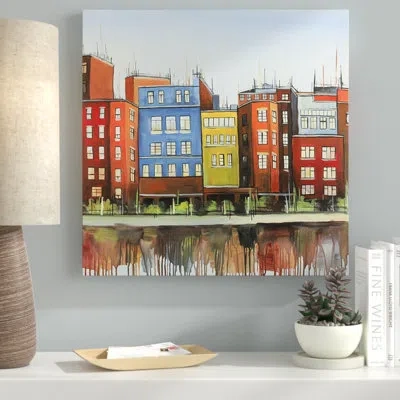 Ebern Designs 'boston Buildings' Oil Painting Print On Wrapped Canvas In Blue;brown;red