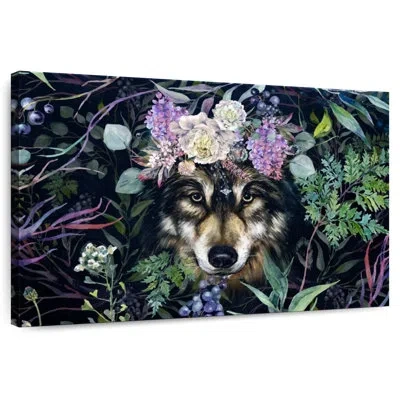 Ebern Designs Brampt Forest Wolf Floral Crown In Gray