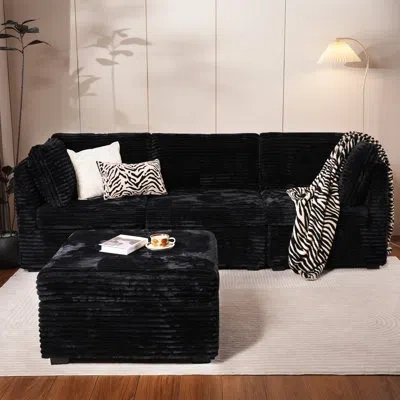 Ebern Designs Cloudelle 98.1" Modular Sectional, L Shaped Minimalist Couches With Ottoman Chaise, 4 Seats Modern D In Black Corduroy