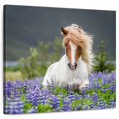 Ebern Designs Crowle Purebred Icelandic Horse With Lupines In White