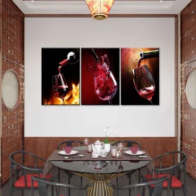 Ebern Designs Pouring Glasses Of Red Wine Wall Art Multi Piece Canvas Print In Black;red