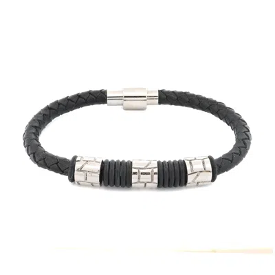 Ebru Jewelry Black / Silver Black Armor Leather Men's Bracelet - Black