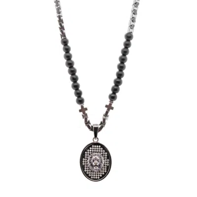 Ebru Jewelry Black / Silver Black Onyx & Silver Lion Men's Beaded Unique Necklace - Black