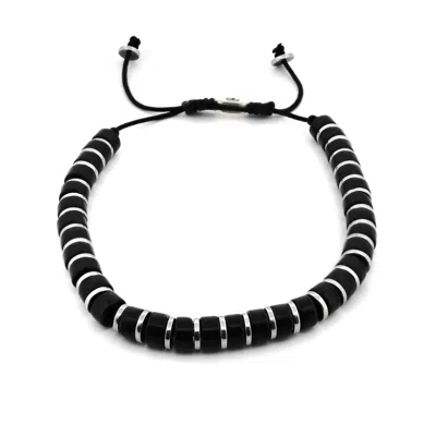 Ebru Jewelry Black / Silver Men's Black Onyx Stone Beaded Adjustable Bracelet - Black