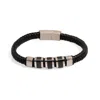 Ebru Jewelry Black / Silver Men's Fashion Style Black Leather & Silver Bracelet - Silver