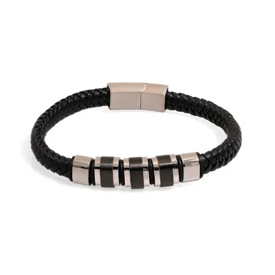 Ebru Jewelry Black / Silver Men's Fashion Style Black Leather & Silver Bracelet - Silver