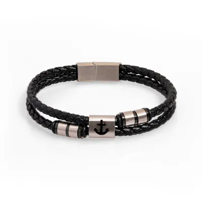 Ebru Jewelry Black / Silver Silver Anchor Design Black Leather Men's Style Bracelet - Silver