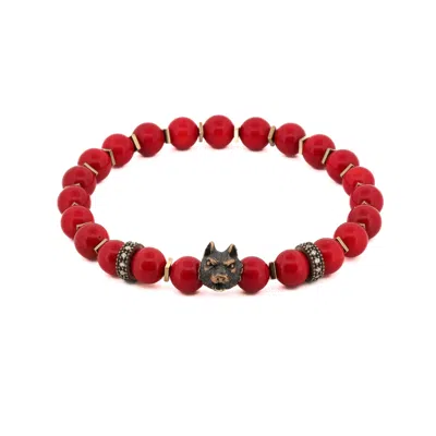 Ebru Jewelry Brown / Red Red Coral Spirit Wolf Men Bracelet - Red