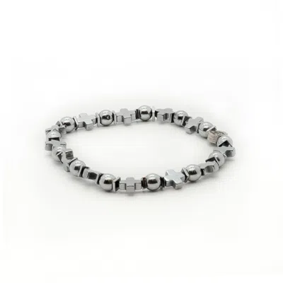 Ebru Jewelry Cross Beaded Silver Hematite Stone Men Bracelet - Silver