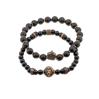 Ebru Jewelry Gold / Black Men's Black Onyx Stone Beaded Powerful Lion & King Charms Bracelet Set - Black In Multi