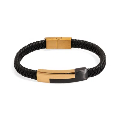Ebru Jewelry Gold / Black Men's Style Black Leather Gold Design Bracelet - Black