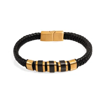 Ebru Jewelry Gold / Black Men's Style Fashion Black Leather & Gold Bracelet - Gold