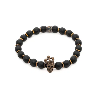 Ebru Jewelry Gold / Black Onyx Stone King Skull Men's Beaded Bracelet - Black In Multi