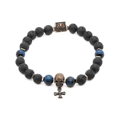 Ebru Jewelry Men's Black / Blue / Silver Skull Charm Fleur De Lis Symbol Black Beaded Bracelet - Blue