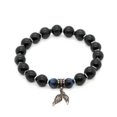 Ebru Jewelry Men's Black / Blue / Silver Spiritual Beads Angel Bracelet - Black