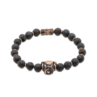 Ebru Jewelry Men's Black / Brown Dog Charm Lava Rock Stone Beaded Bracelet - Black