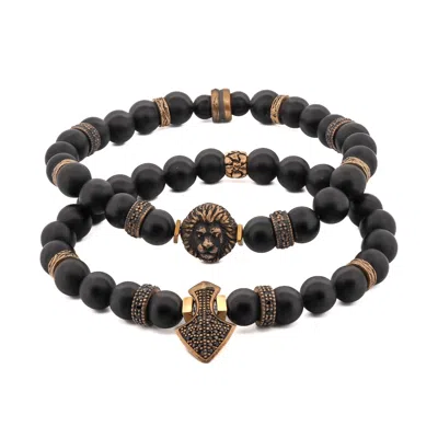 Ebru Jewelry Men's Black / Brown Powerful Lion & Diamond Arrow Black Onyx Bracelet Set - Black In Multi