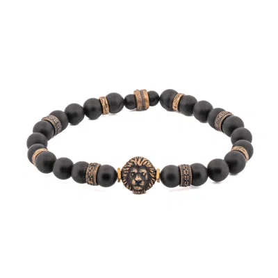 Ebru Jewelry Men's Black / Brown / Silver Black Onyx Stone King Lion Beaded Bracelet - Black In Multi