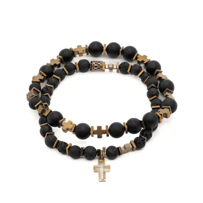 Ebru Jewelry Men's Black / Gold Gold Cross Charm Black Onyx Stone Beaded Bracelet Set - Black