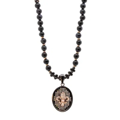 Ebru Jewelry Men's Black / Rose Gold / Gold Fleur De Lis Sterling Silver Pendant Labradorite Beaded Necklace - Bl
