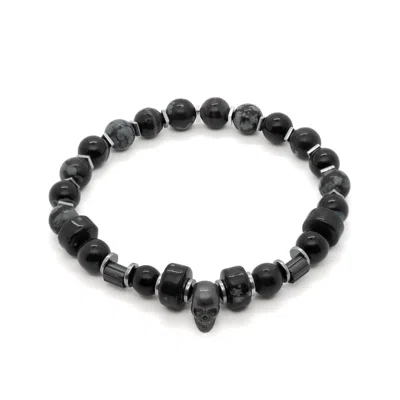Ebru Jewelry Men's Black / Silver Biker Skull Black Beaded Bracelet - Black In Multi