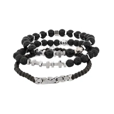Ebru Jewelry Men's Black / Silver Black Gemstone & Hematite Power Trio Bracelet Set - Black