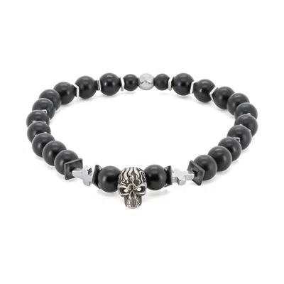 Ebru Jewelry Men's Black / Silver Courage Black Onyx Skull Bracelet - Black In Multi