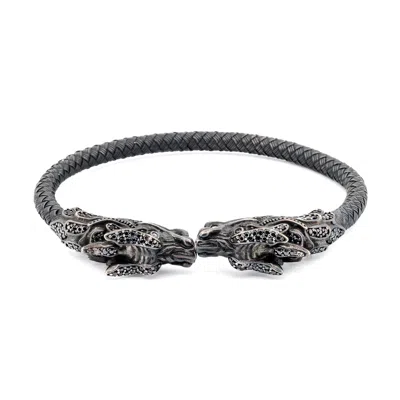 Ebru Jewelry Men's Black / Silver Dragon Force Men's Sterling Silver Bracelet - Silver