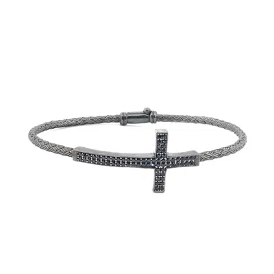 Ebru Jewelry Men's Black / Silver Eternal Cross Black Diamond Men's Sterling Silver Bracelet - Silver In Metallic