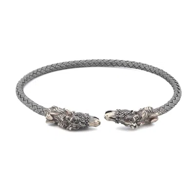 Ebru Jewelry Men's Black / Silver Fierce Twin Dragon Men's Sterling Silver Adjustable Bracelet - Silver In Gray