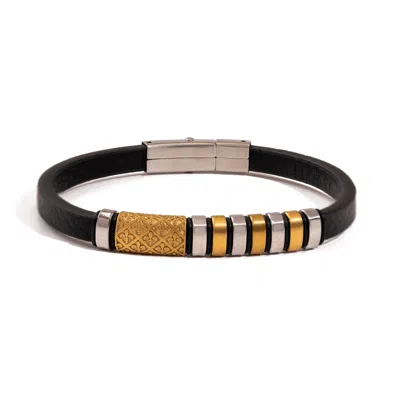 Ebru Jewelry Men's Black / Silver / Gold Fleur-de-lis Dual Tone Leather Bracelet - Black