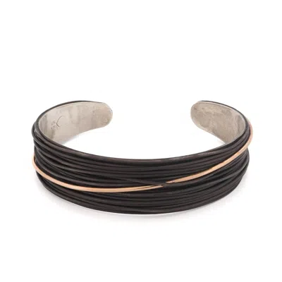 Ebru Jewelry Men's Black / Silver / Gold Handcrafted Sterling Silver & Leather Men's Cuff Bracelet - Black In Multi