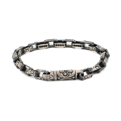 Ebru Jewelry Men's Black / Silver Heritage Engraved Silver & Zircon Men's Bracelet - Silver