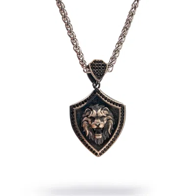Ebru Jewelry Men's Black / Silver Lionheart Shield Men's Sterling Silver Necklace - Silver