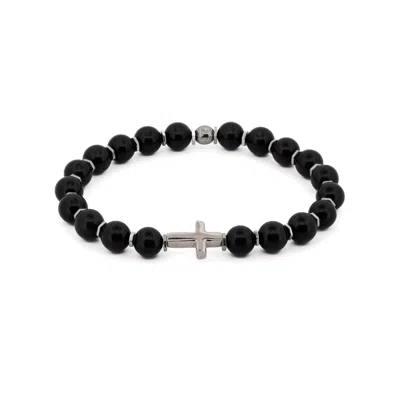 Ebru Jewelry Men's Black / Silver Sterling Silver Cross Black Onyx Beaded Bracelet - Black In Multi