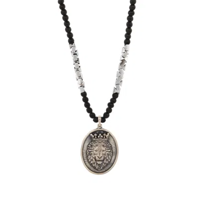 Ebru Jewelry Men's Black / Silver Sterling Silver Powerful Lion Pendant Black Necklace - Black
