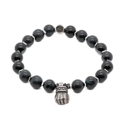 Ebru Jewelry Men's Black / Silver Tiger's Eye Stone Sterling Silver Powerful Hand Charm Beaded Bracelet - Black