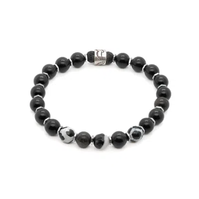 Ebru Jewelry Men's Black / White / Silver Night Eagle Onyx Stone Beaded Bracelet - Black