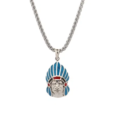 Ebru Jewelry Men's Blue / Red / Silver Brave Spirit Blue Chief Pendant Necklace - Silver