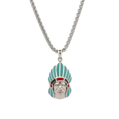 Ebru Jewelry Men's Blue / Red / Silver Turquoise Warrior Chief Pendant Necklace - Turquoise